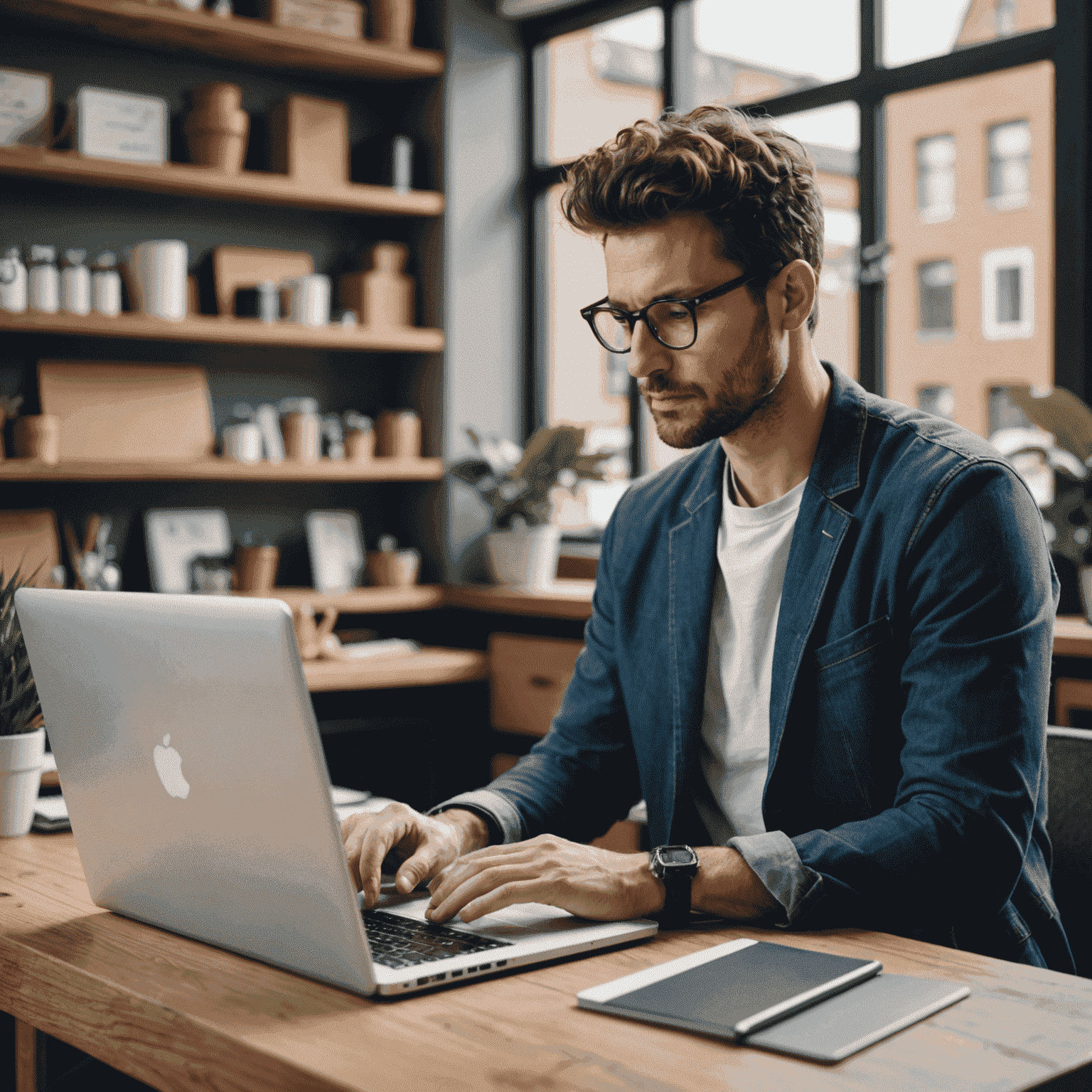 Illustration of a small business owner researching niche markets on a laptop