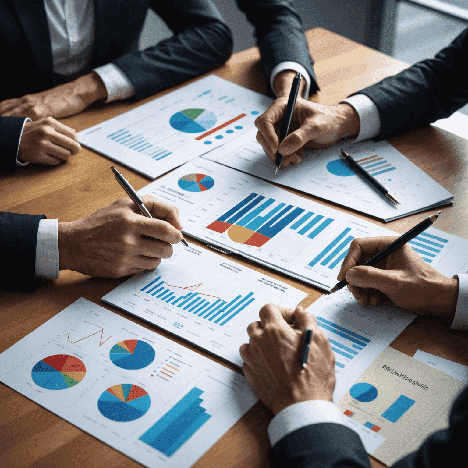 Businesspeople analyzing financial data and economic indicators on charts and graphs