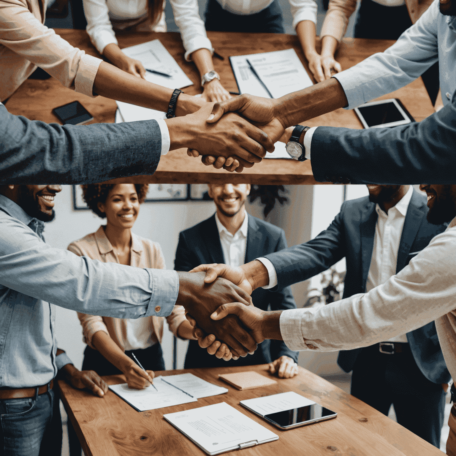 Collage of small business owners shaking hands, working together, and celebrating success