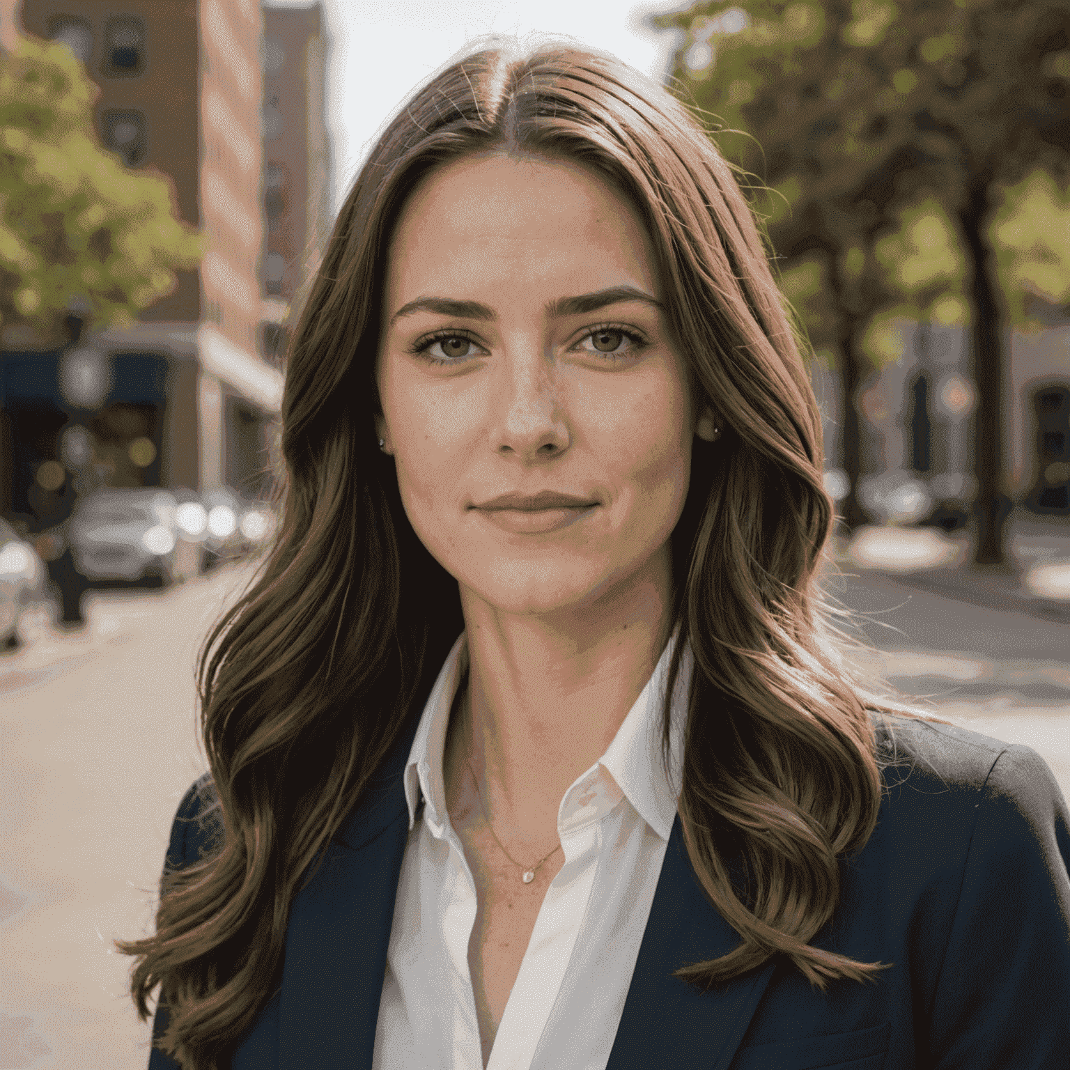 Headshot of Sarah Johnson, a young woman with long brown hair, wearing a professional blouse and blazer