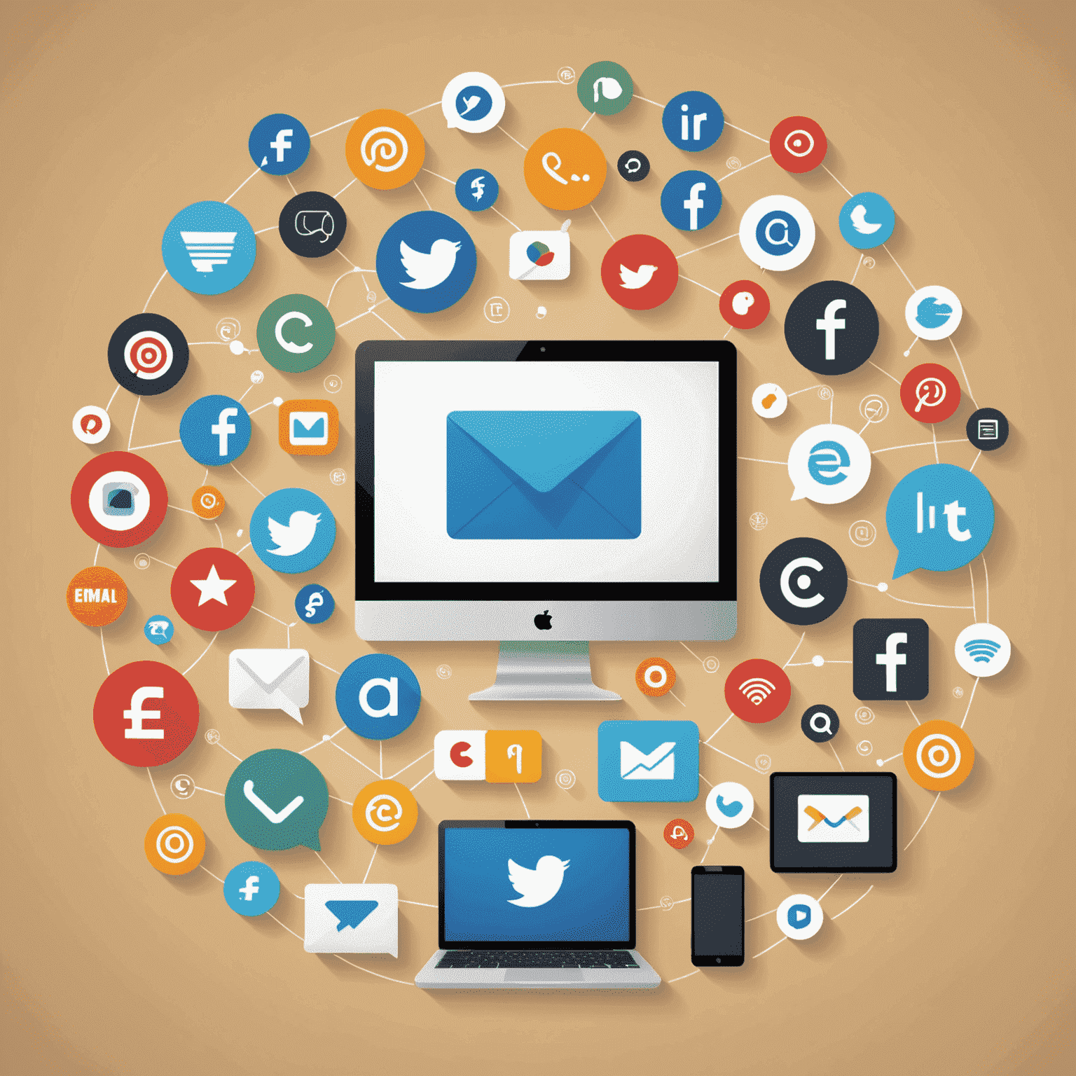 Illustration of various digital marketing channels such as social media, email, and search engines