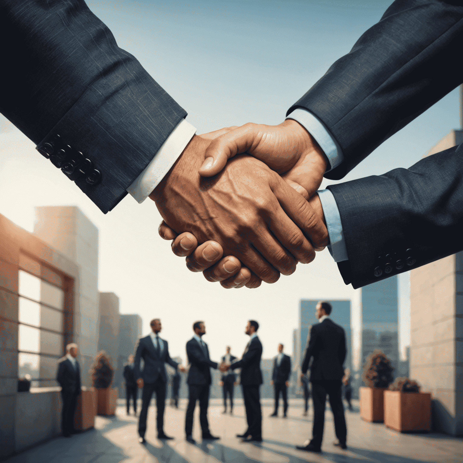 Illustration of two business owners shaking hands, representing a strategic partnership