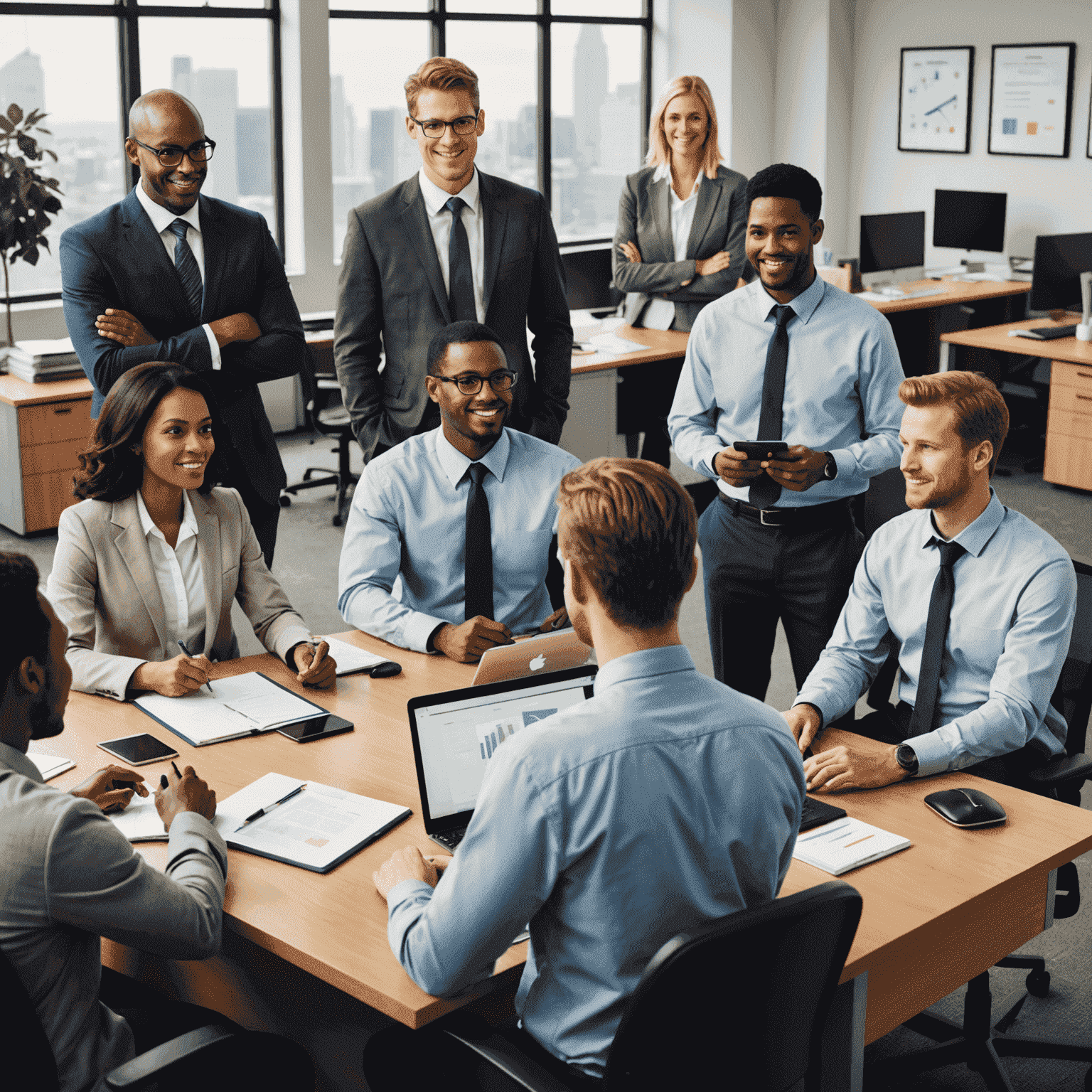 Illustration of a diverse team of employees working together in an office setting